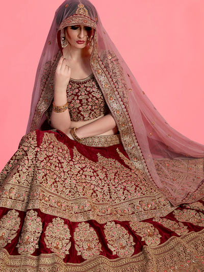 Maroon Embroidered Velvet Silk Semi Stitched Lehenga With Unstitched Blouse