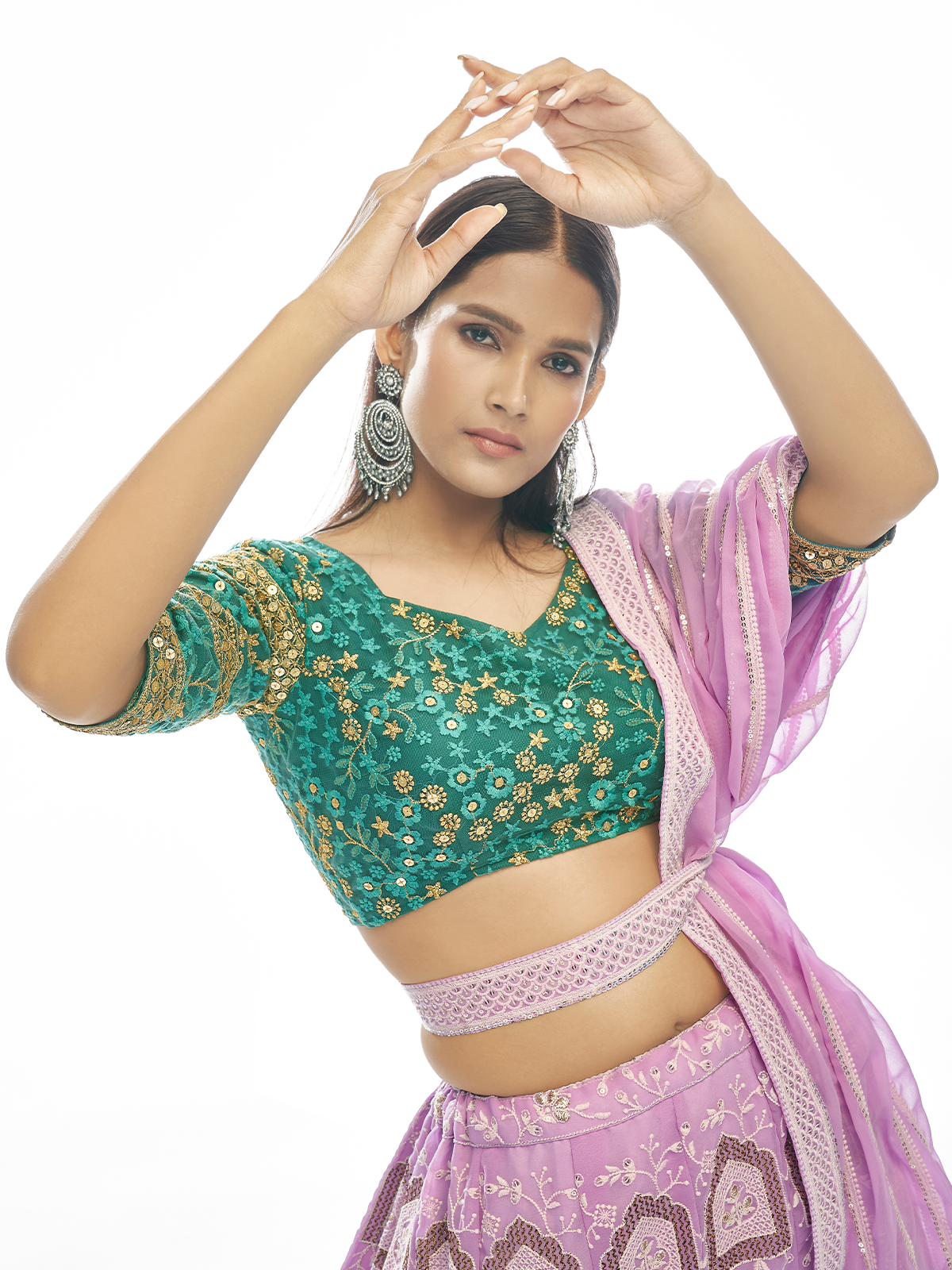 Purple Embroidered Soft Net Semi Stitched Lehenga With Unstitched Blouse