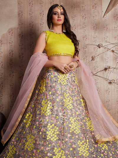 Peach Embroidered Semi Stitched Lehenga With Unstitched Blouse