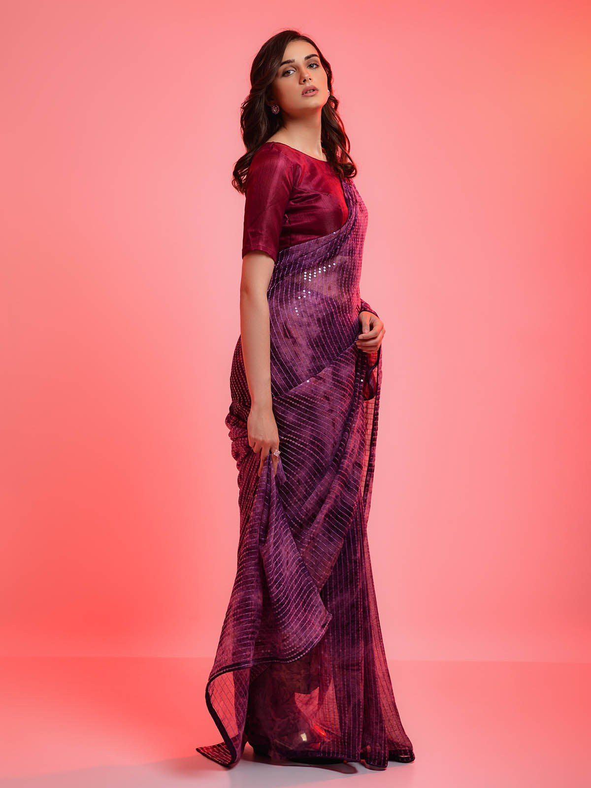 Voilet Chiffon Sequins Embroidered Saree With Unstitched Blouse