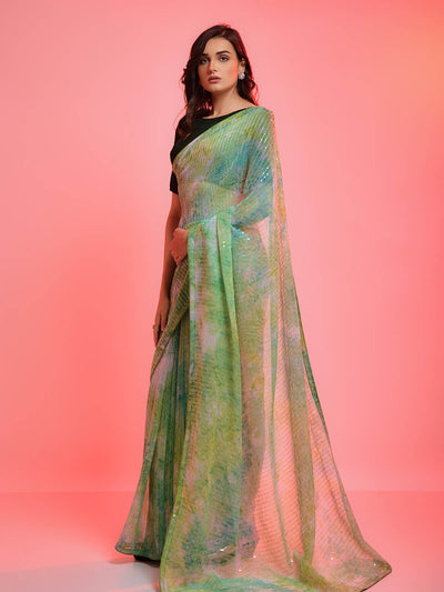 Green Chiffon Sequins Embroidered Saree With Unstitched Blouse