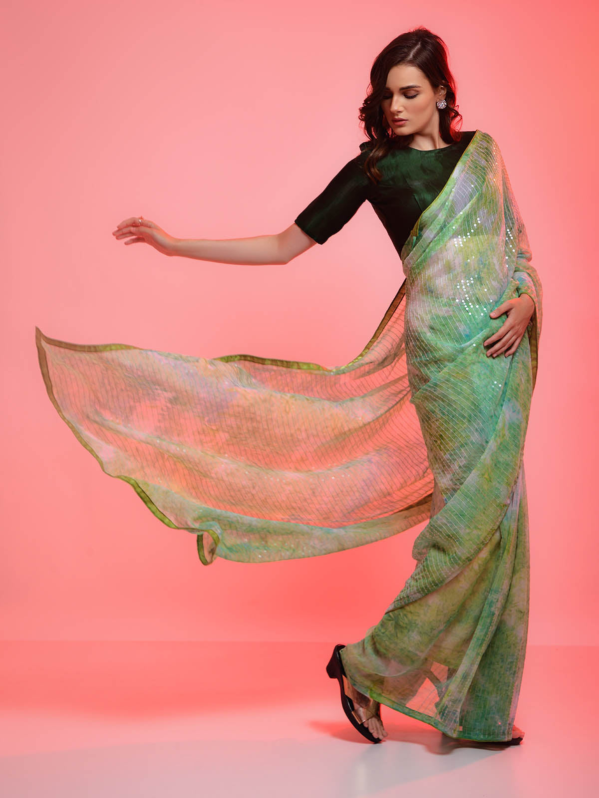Green Chiffon Sequins Embroidered Saree With Unstitched Blouse
