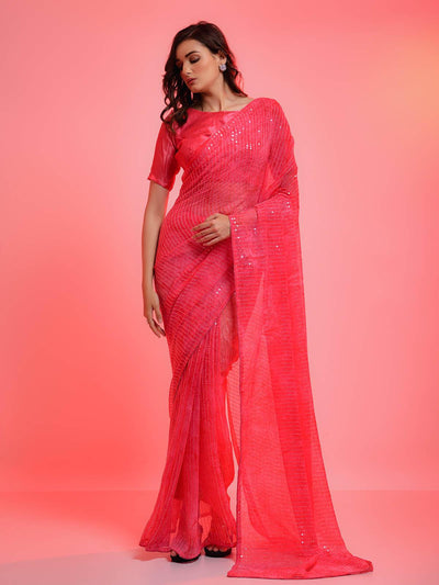Pink Chiffon Sequins Embroidered Saree - Odette