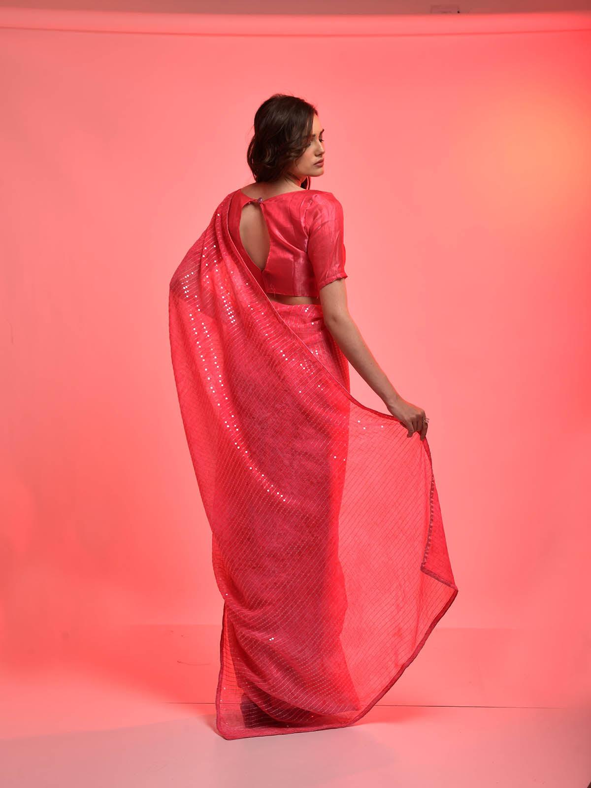 Pink Chiffon Sequins Embroidered Saree - Odette