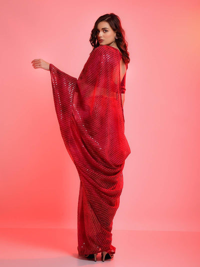 Red Chiffon Sequins Embroidered Saree - Odette