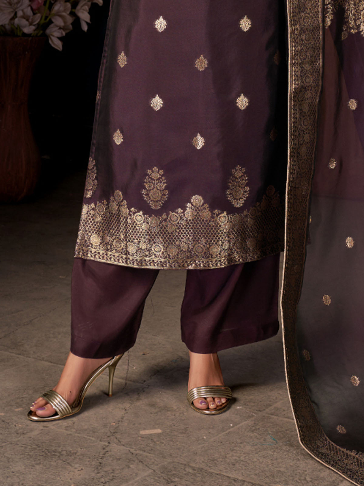 Odette Women Purple Viscose Silk Woven Semi Stitched Kurta Set