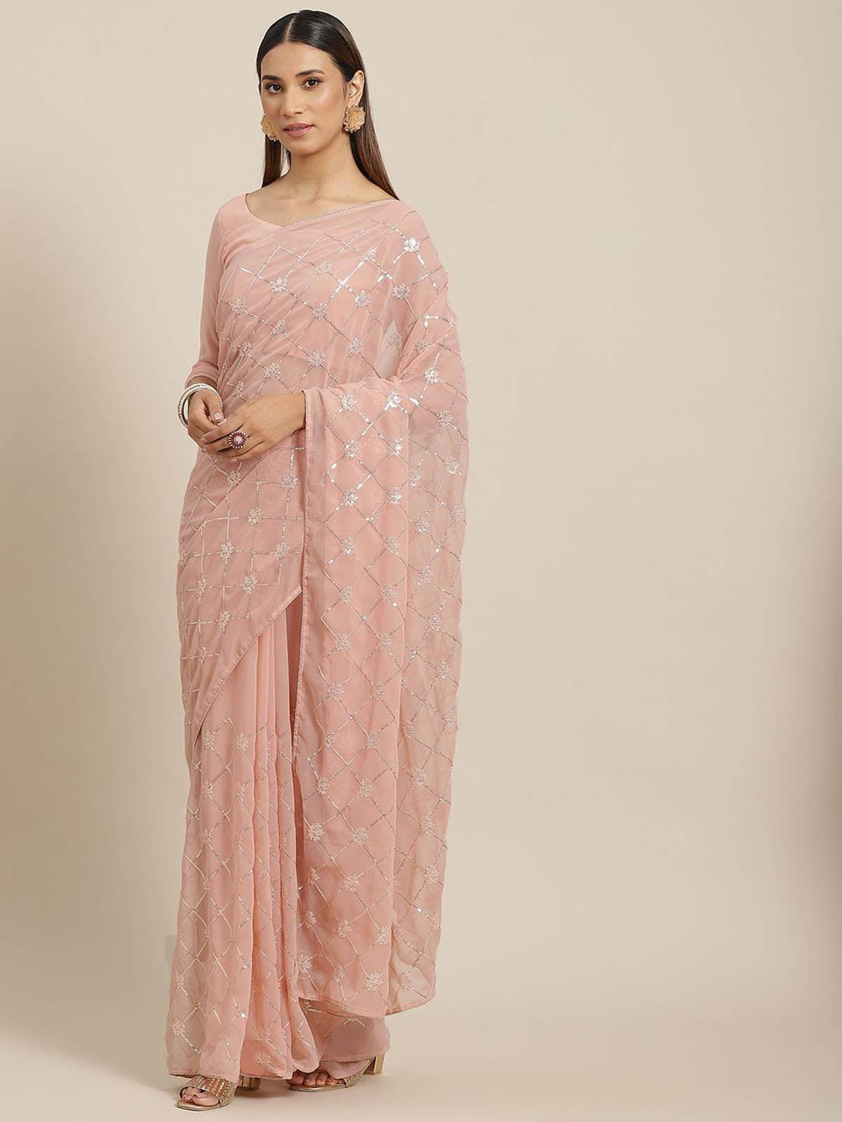 Peach Georgette Embroidered Saree With Blouse - Odette
