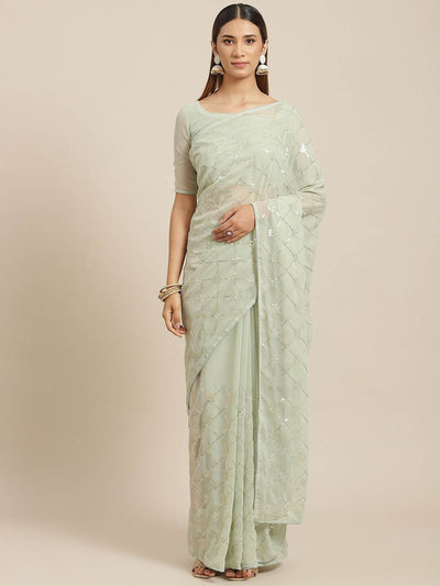 Odette Women Light Green Georgette Embroidered Saree With Unstitched Blouse