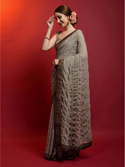 Odette Women Grey Georgette Saree With Unstitched Blouse