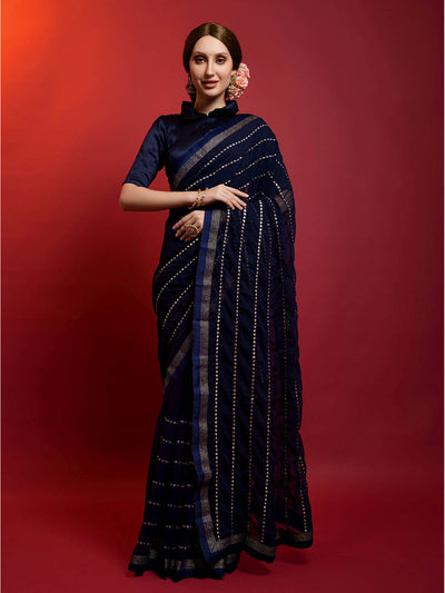 Odette Women Dark Blue Georgette Saree With Unstitched Blouse