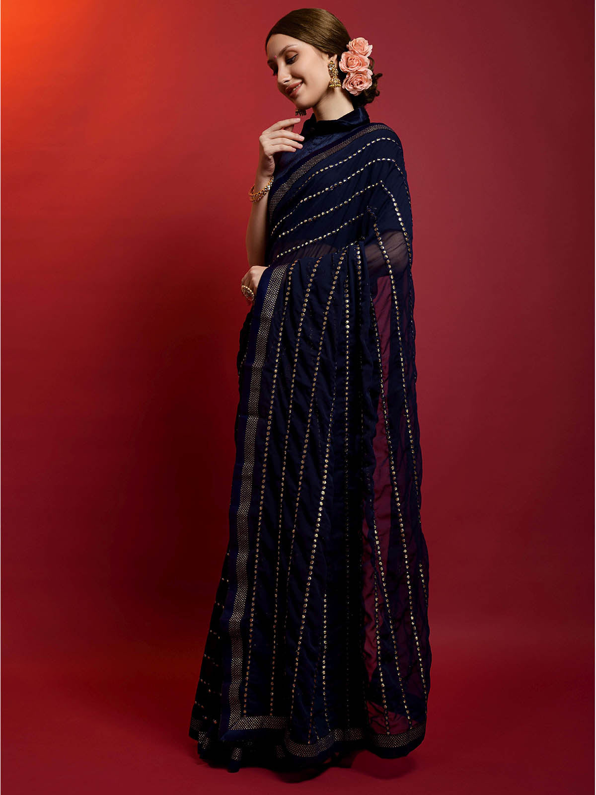 Odette Women Dark Blue Georgette Saree With Unstitched Blouse