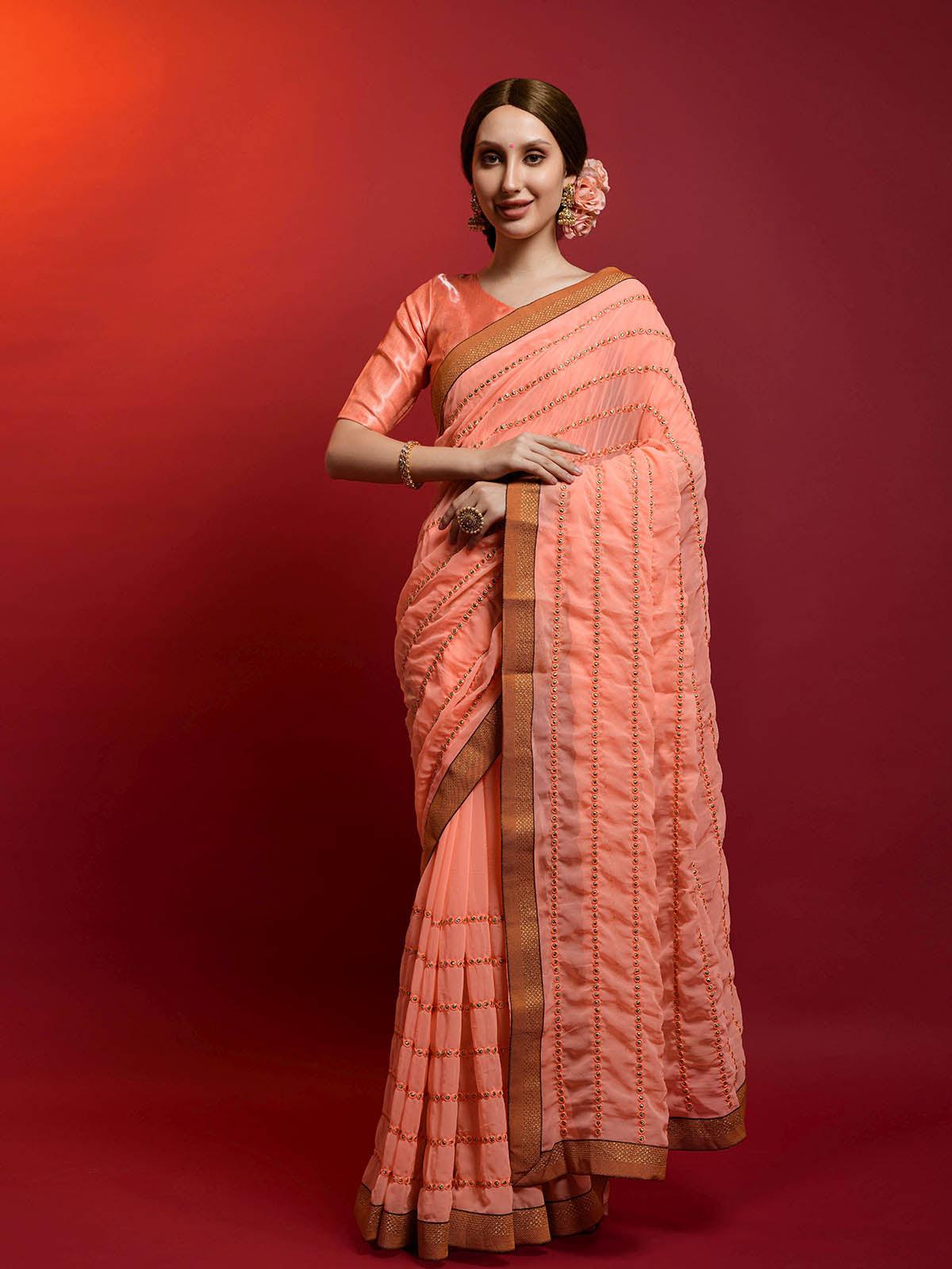 Banarasee Handloom Linen Tissue Meena & Zari Border Saree-Peach