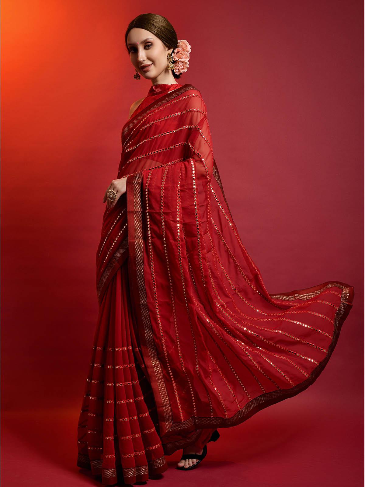 Red Georgette Saree With Blouse - Odette