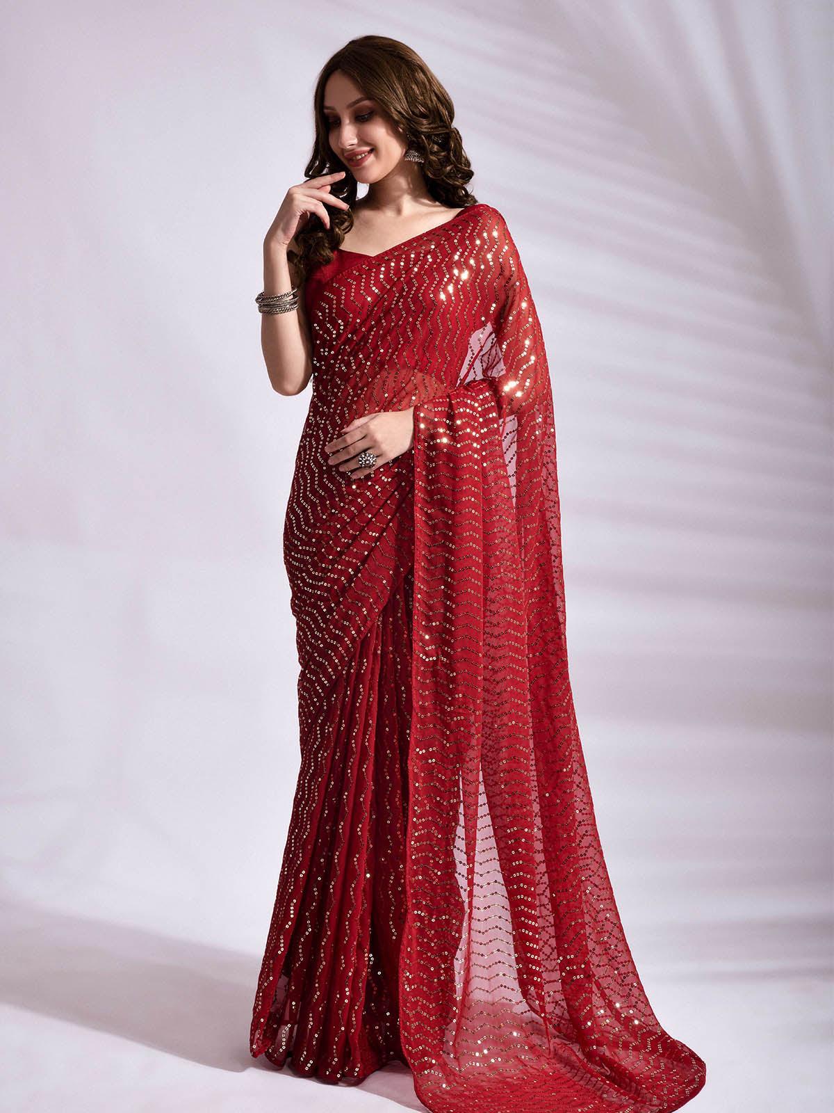 Rent Tomato Red Silk Georgette Saree Online