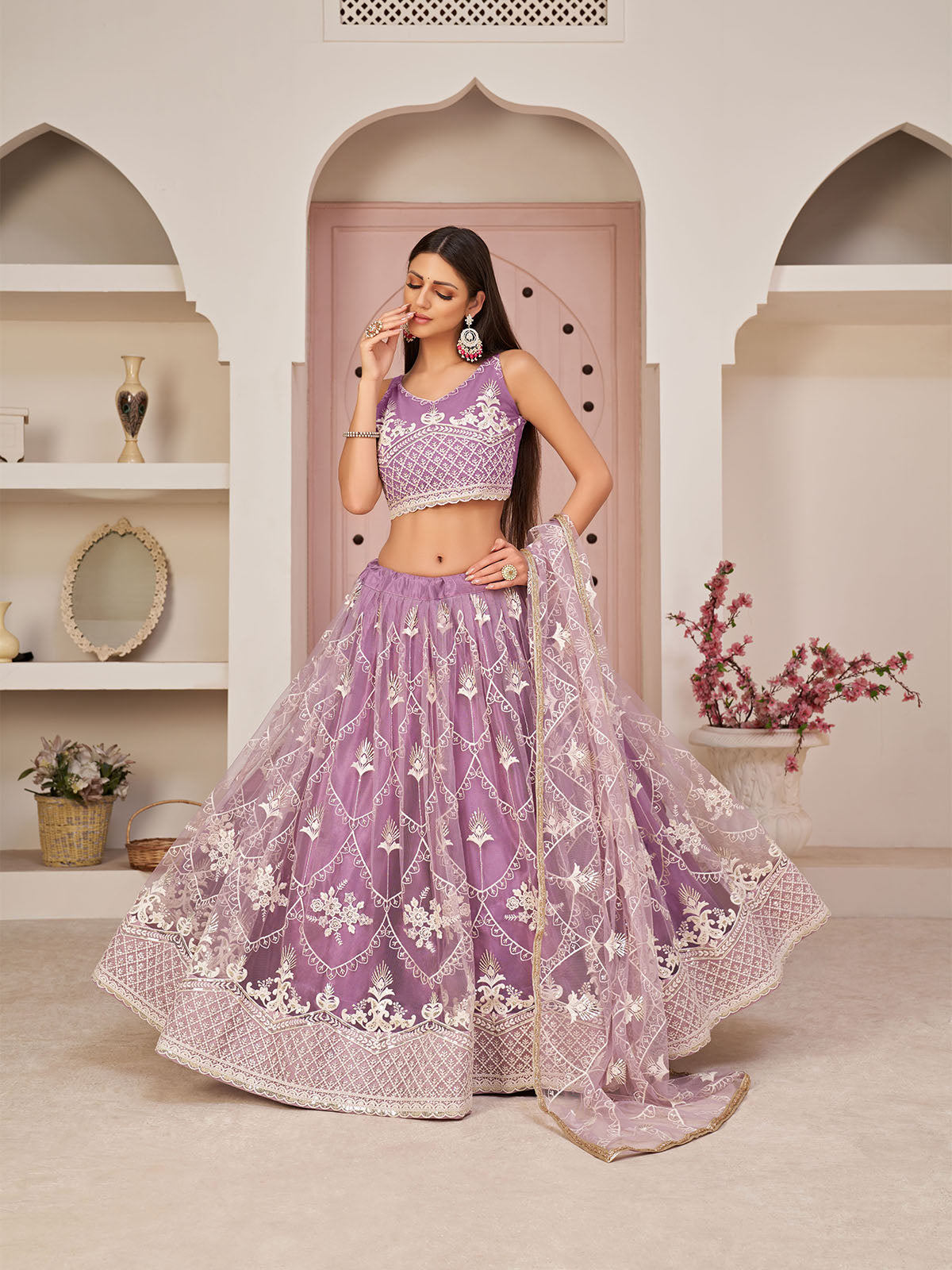 Odette Women Lilac Net Sequins Semi Stitched Lehenga With  Unstitched Blouse