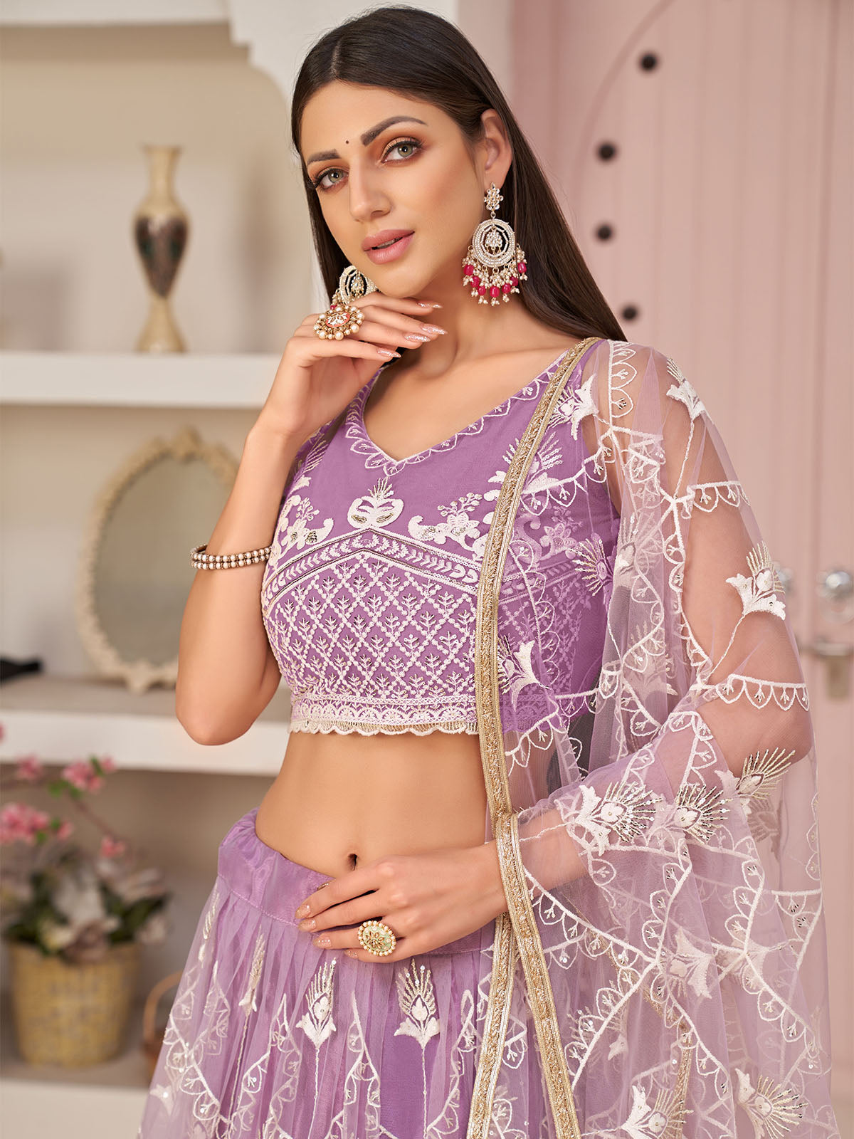 Odette Women Lilac Net Sequins Semi Stitched Lehenga With  Unstitched Blouse