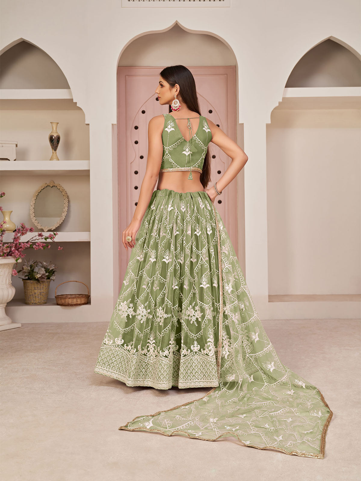 Odette Women Light Green Net Sequins Semi Stitched Lehenga With  Unstitched Blouse