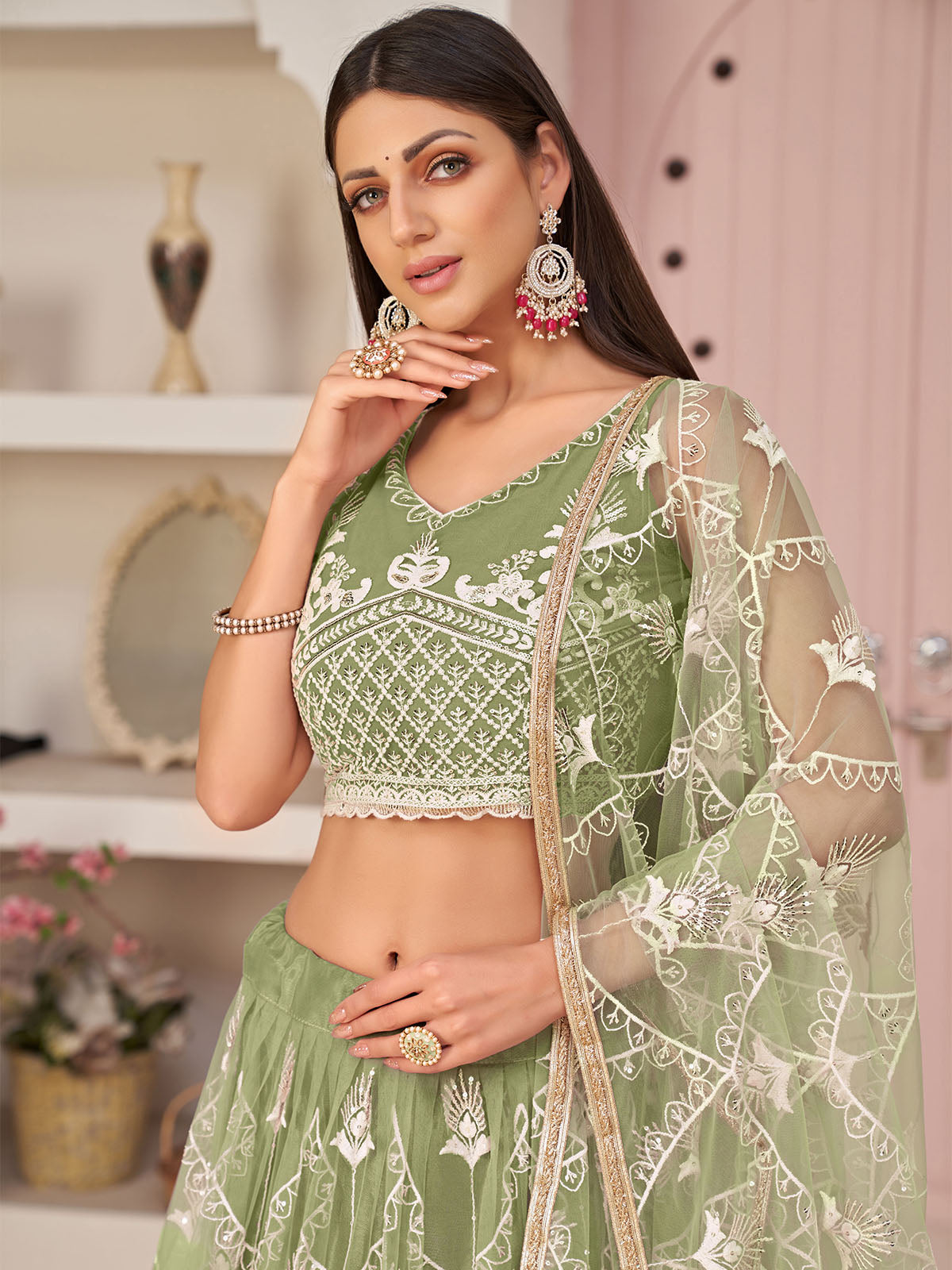 Odette Women Light Green Net Sequins Semi Stitched Lehenga With  Unstitched Blouse