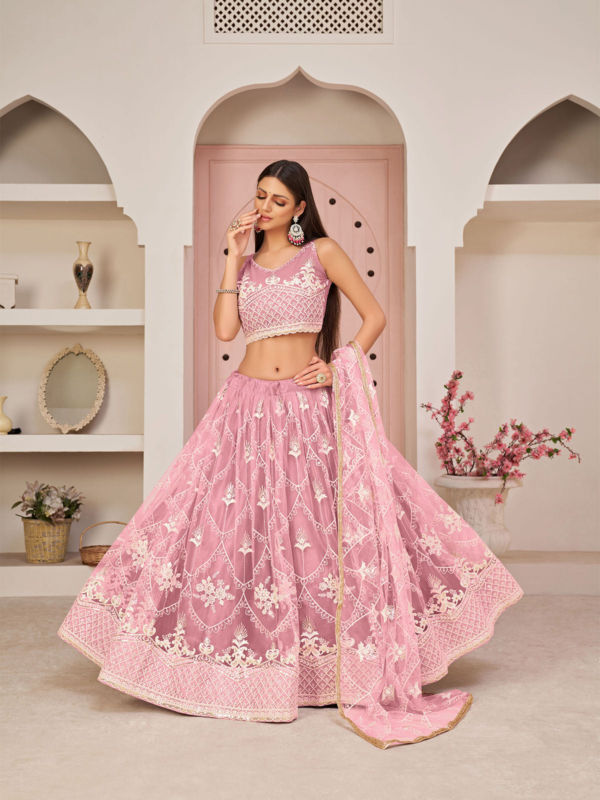 Odette Women Peach Net Sequins Semi Stitched Lehenga With  Unstitched Blouse