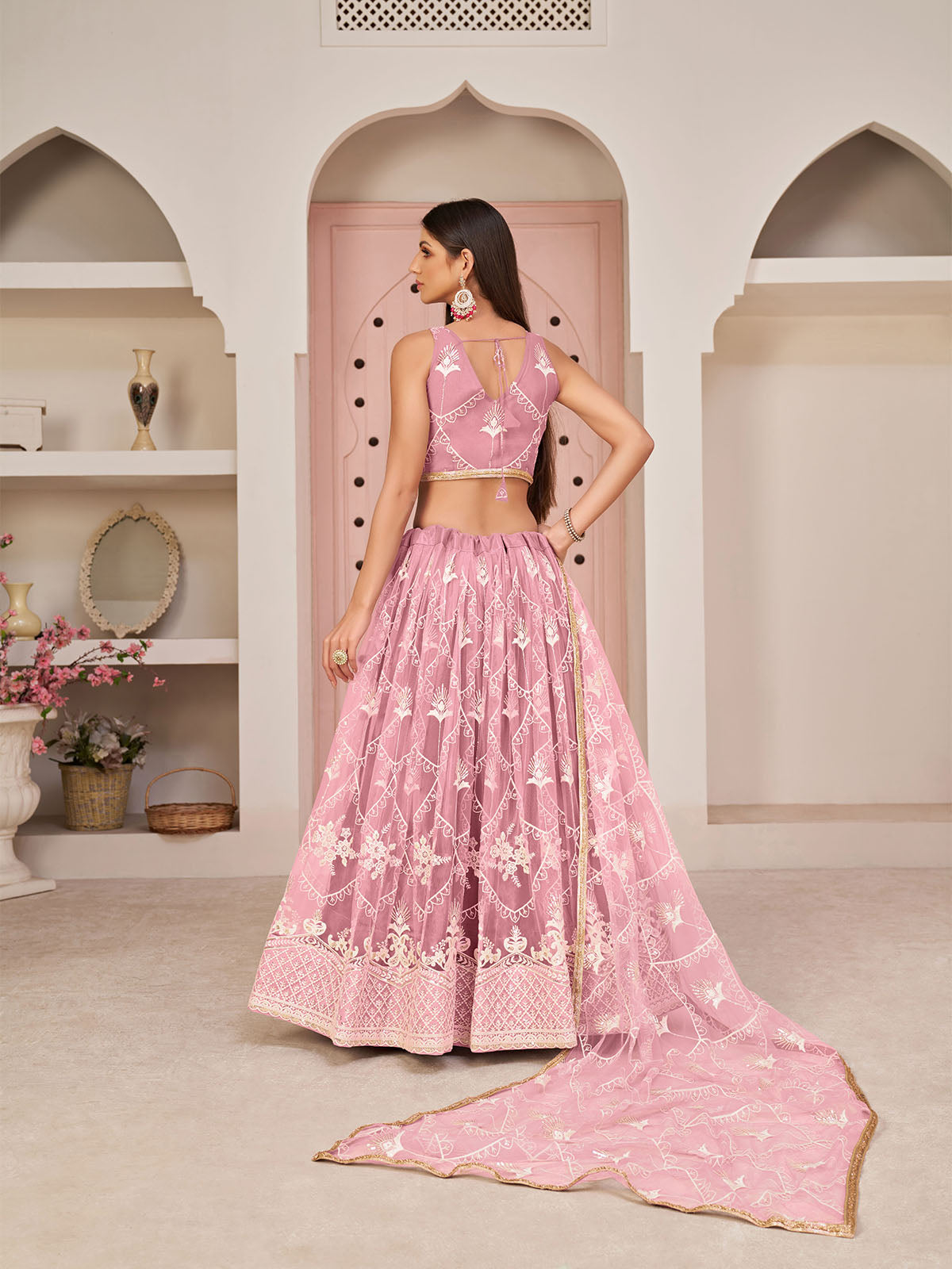 Odette Women Peach Net Sequins Semi Stitched Lehenga With  Unstitched Blouse