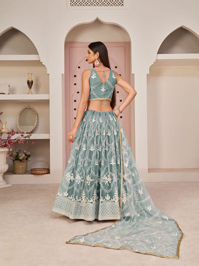 Odette Women Sea Green Net Sequins Semi Stitched Lehenga With  Unstitched Blouse