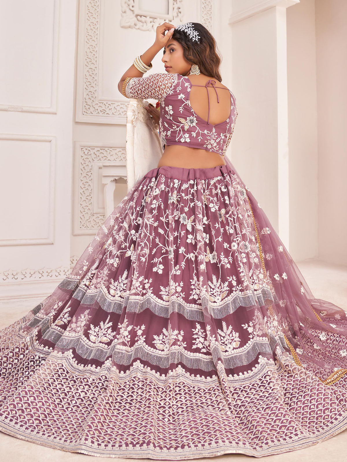 Odette Women Peach Net Sequins Semi Stitched Lehenga With  Unstitched Blouse