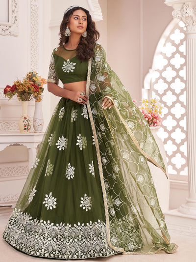 Odette Women Dark Green Net Sequins Semi Stitched Lehenga With  Unstitched Blouse