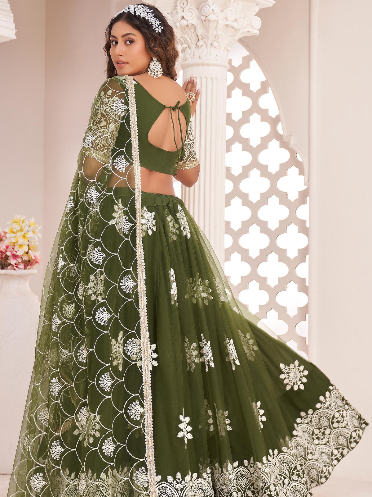 Odette Women Dark Green Net Sequins Semi Stitched Lehenga With  Unstitched Blouse