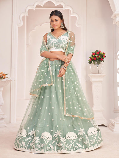 Odette Women Light Green Net Sequins Semi Stitched Lehenga With  Unstitched Blouse