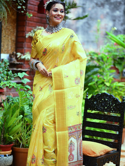 Odette Women Yellow Tussar Silk Blend Saree With Unstitched Blouse