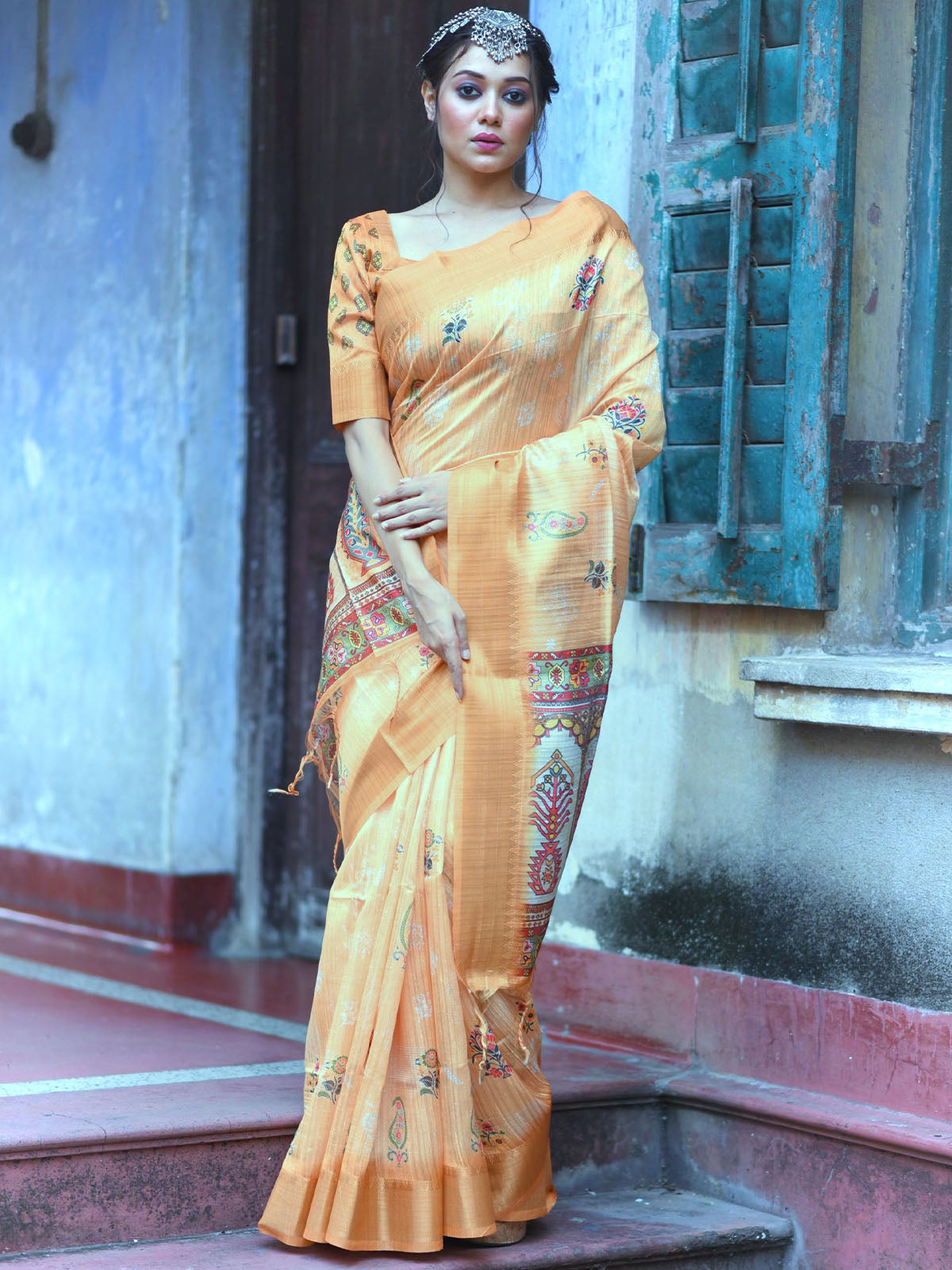 Odette Women Peach Tussar Silk Blend Saree With Unstitched Blouse