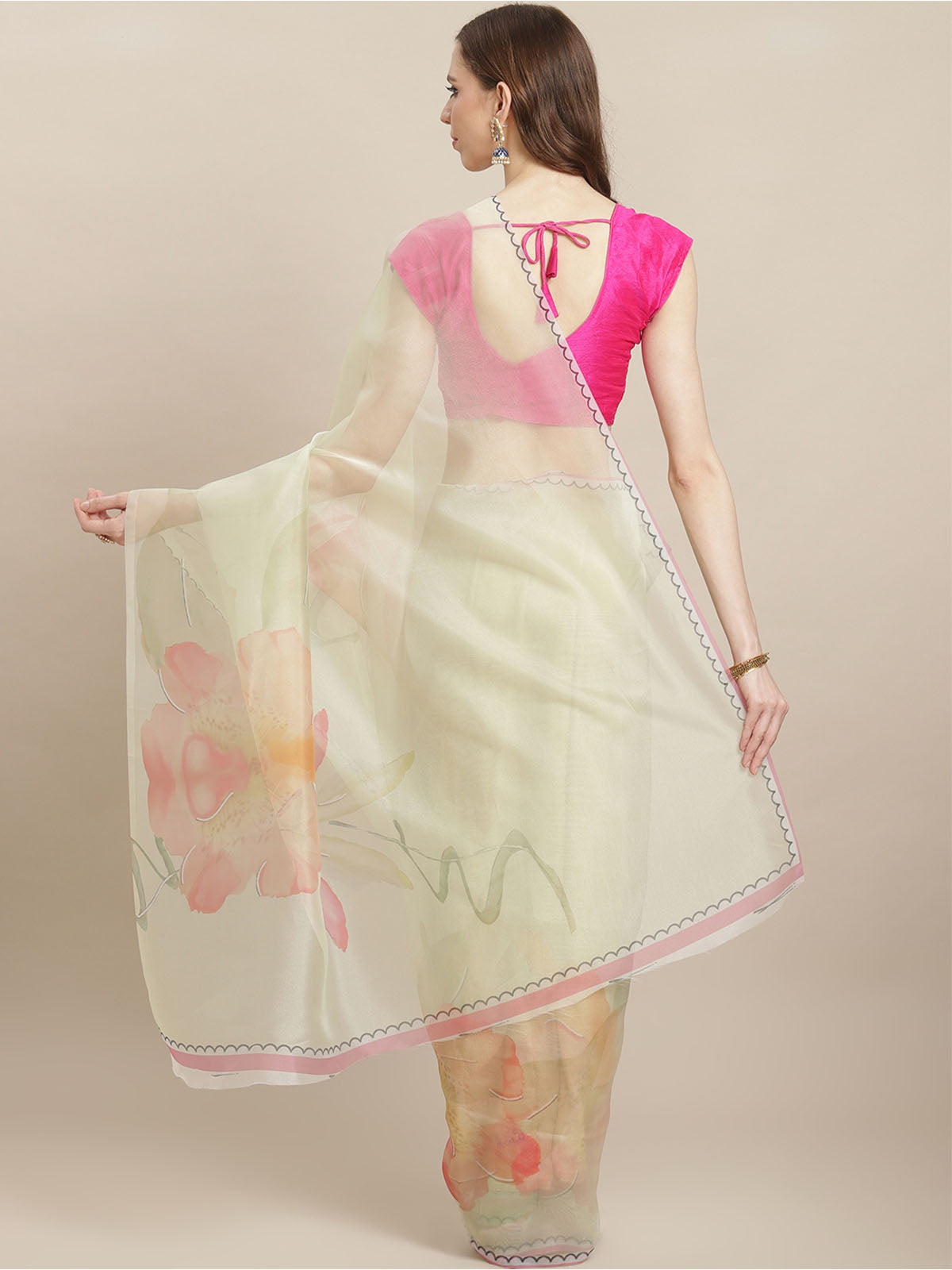 Odette Women Off White Organza Saree With Unstitched Blouse