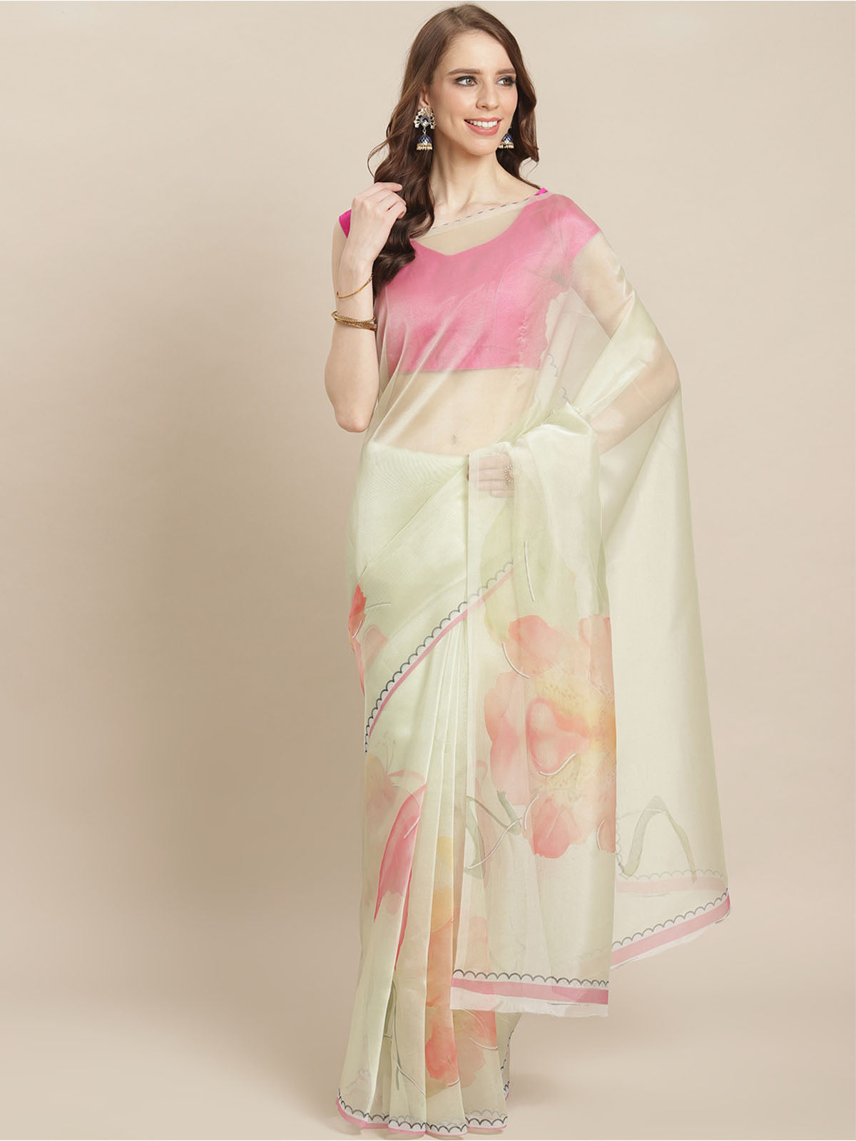 Odette Women Off White Organza Saree With Unstitched Blouse