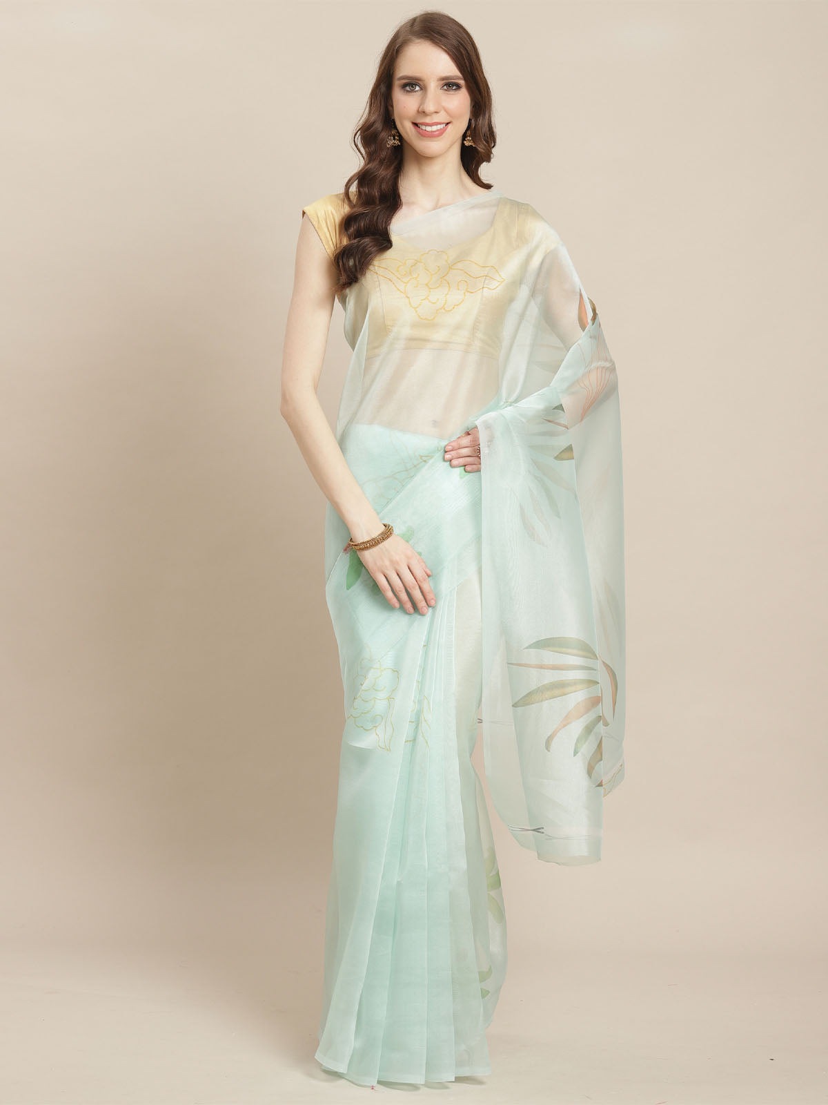 Odette Women Sky Blue Organza Saree With Unstitched Blouse