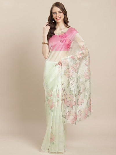 Odette Women Light Green Organza Saree With Unstitched Blouse