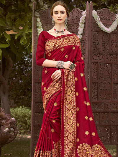 Maroon Blended Silk Saree With Unstitched Blouse