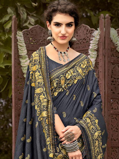 Odette Women Black Blended Silk Saree With Unstitched Blouse