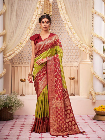 Odette Women Green Blended Raw Silk Saree With Unstitched Blouse