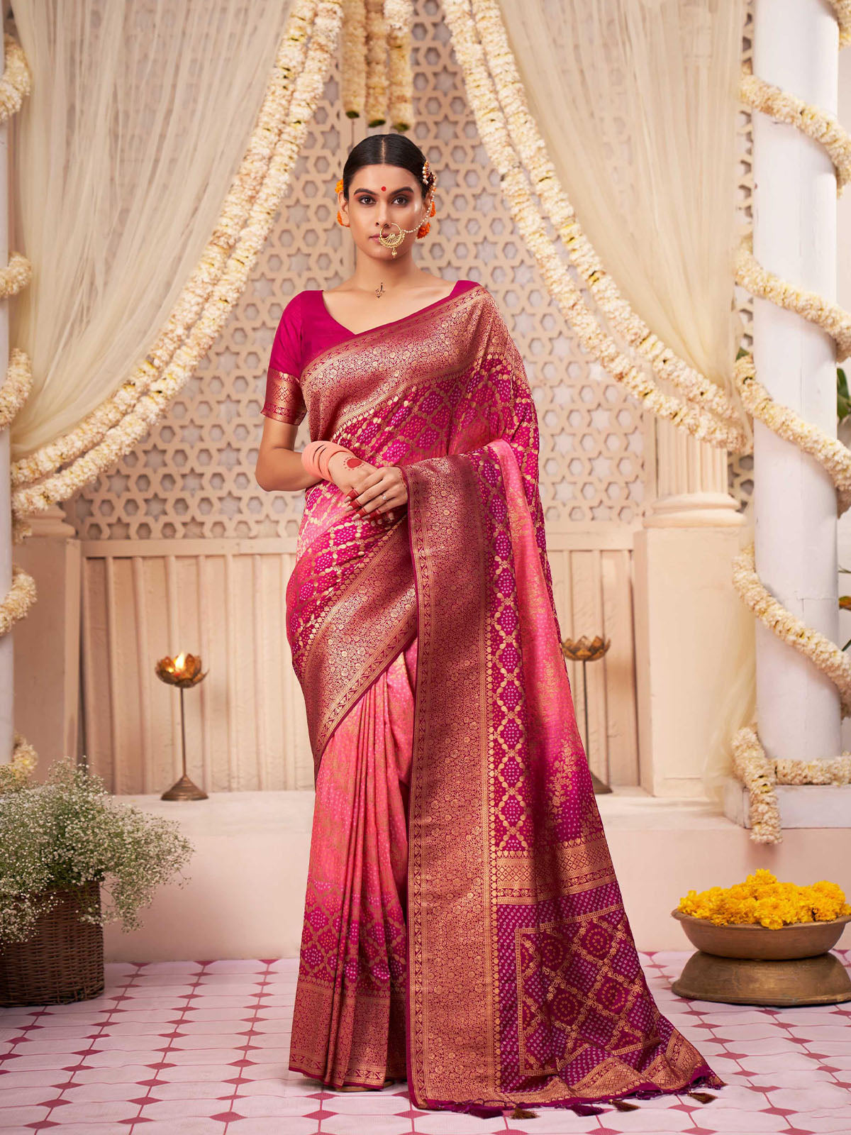 Odette Women Pink Blended Raw Silk Saree With Unstitched Blouse