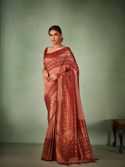 Odette Women Red Raw Silk Blend Saree With Unstitched Blouse