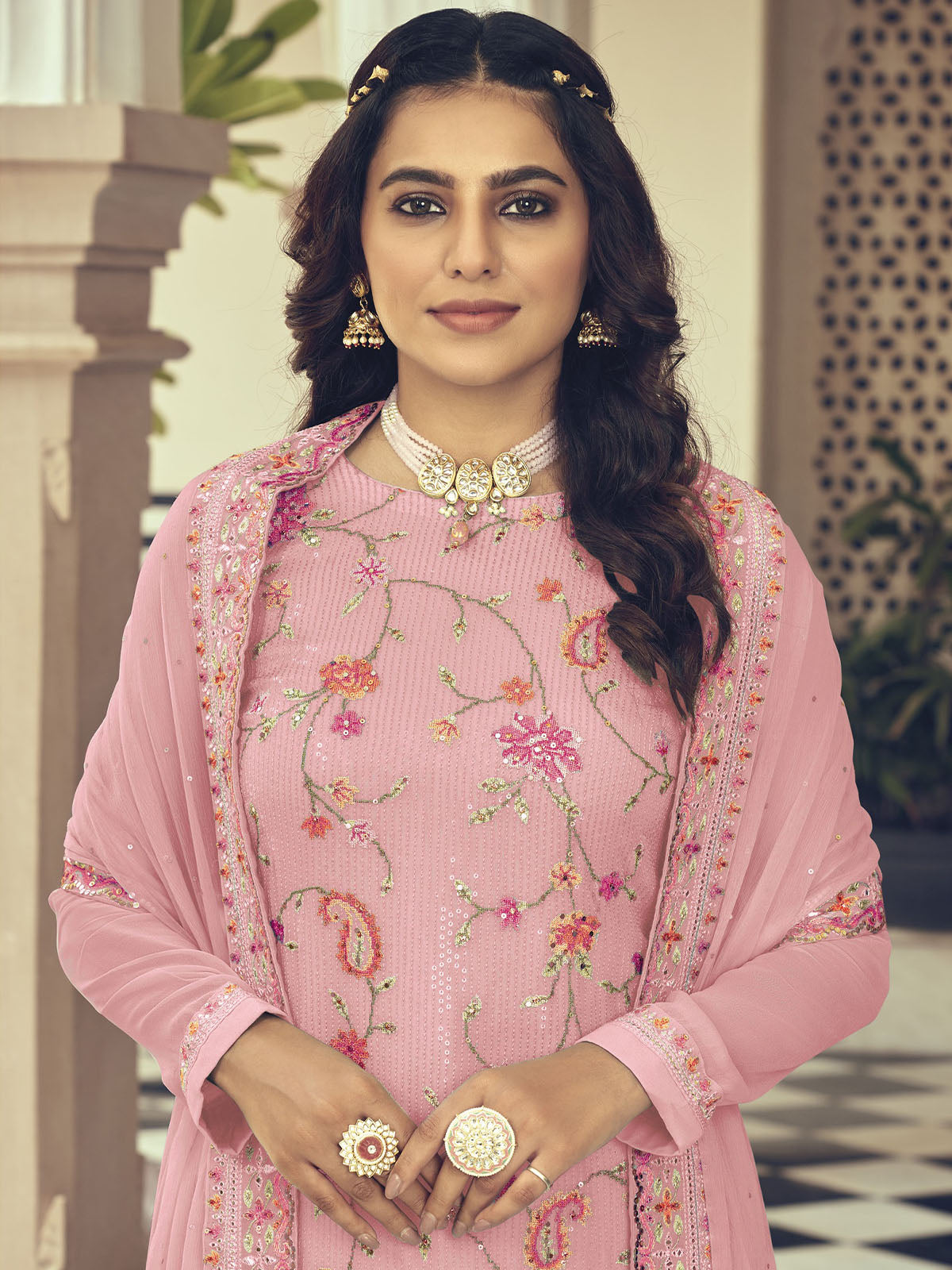 Odette Women Pink Faux Georgette Semi Stitched Kurta Set