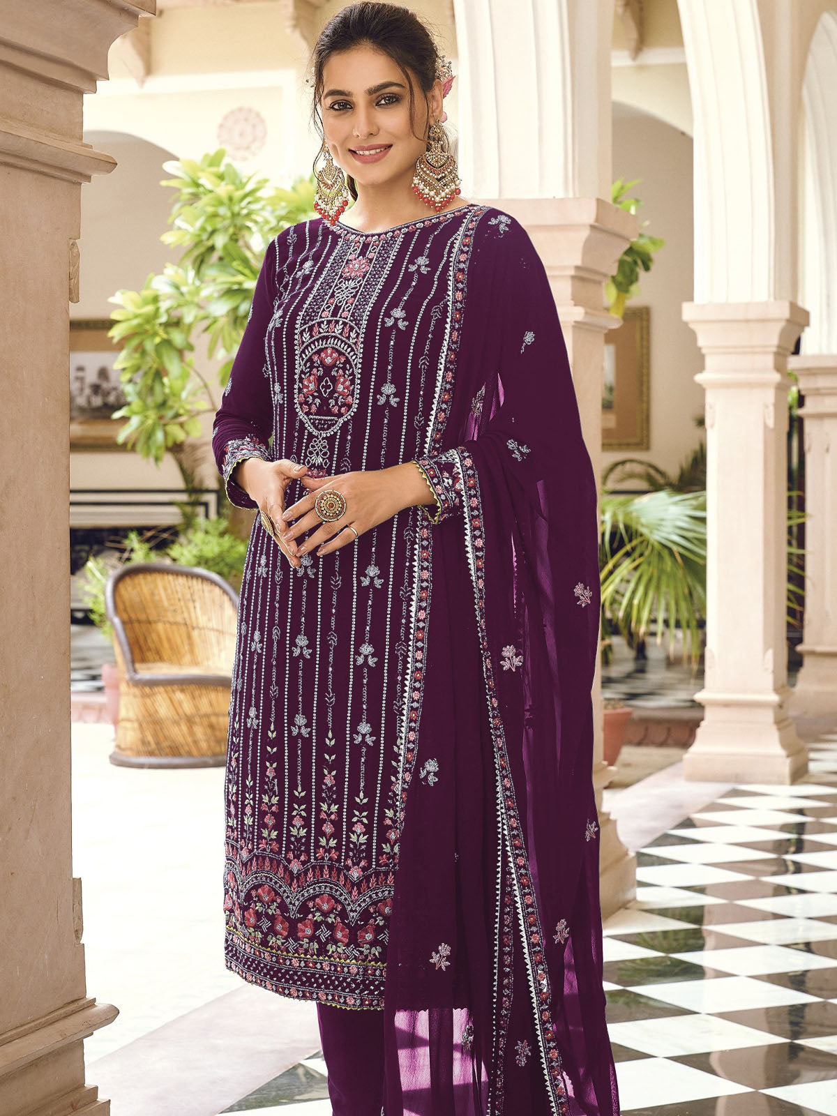 Odette Women Purple Faux Georgette Semi Stitched Kurta Set