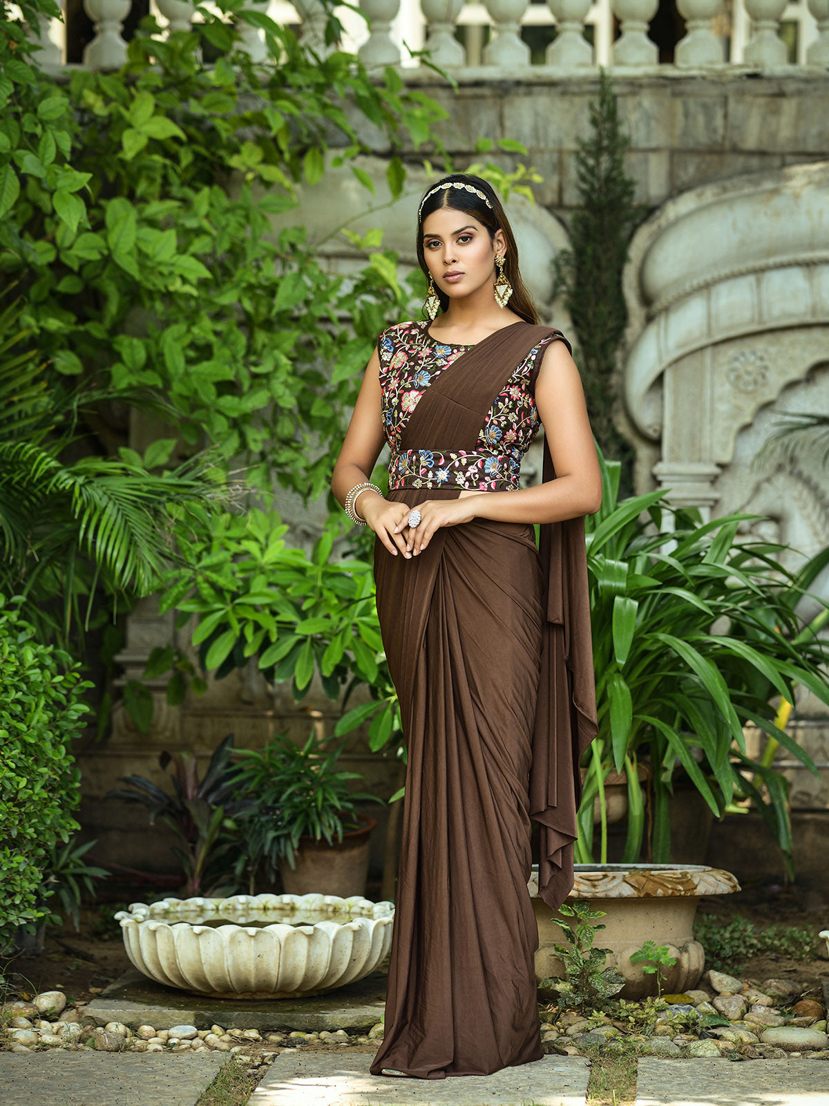 Odette Women Brown Lycra Designer Saree With Unstitched Blouse