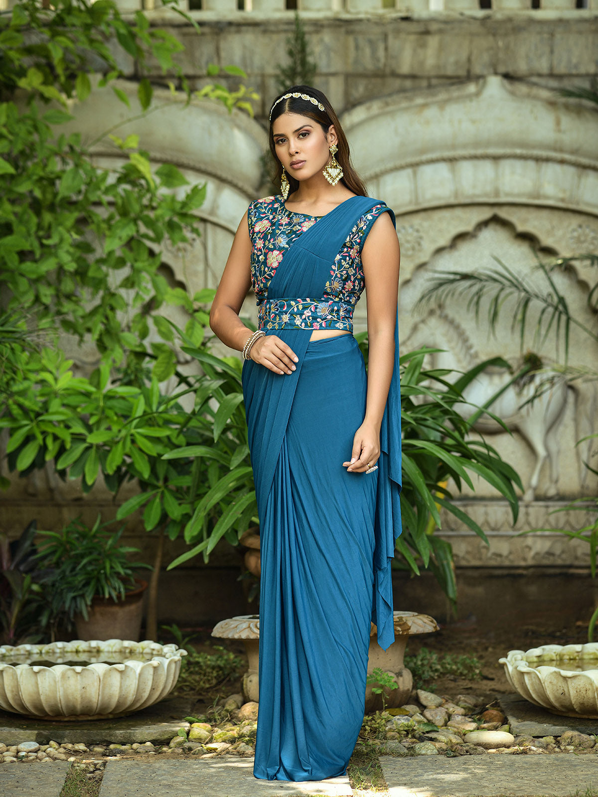 Blue Lycra Designer Saree With Unstitched Blouse