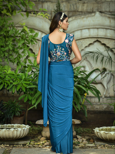 Blue Lycra Designer Saree With Unstitched Blouse