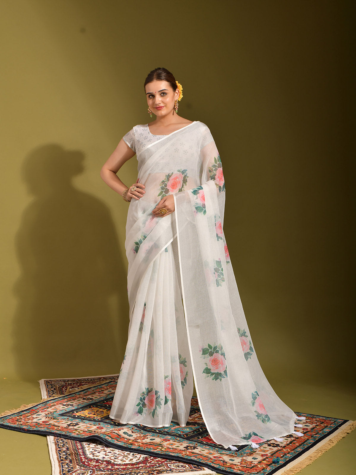 Odette Women White Linen Designer Saree With Unstitched Blouse