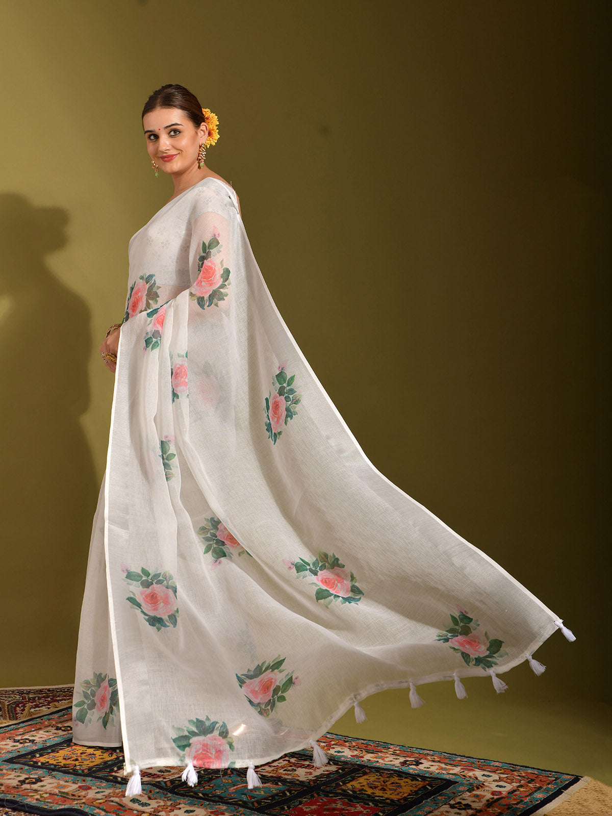 Odette Women White Linen Designer Saree With Unstitched Blouse