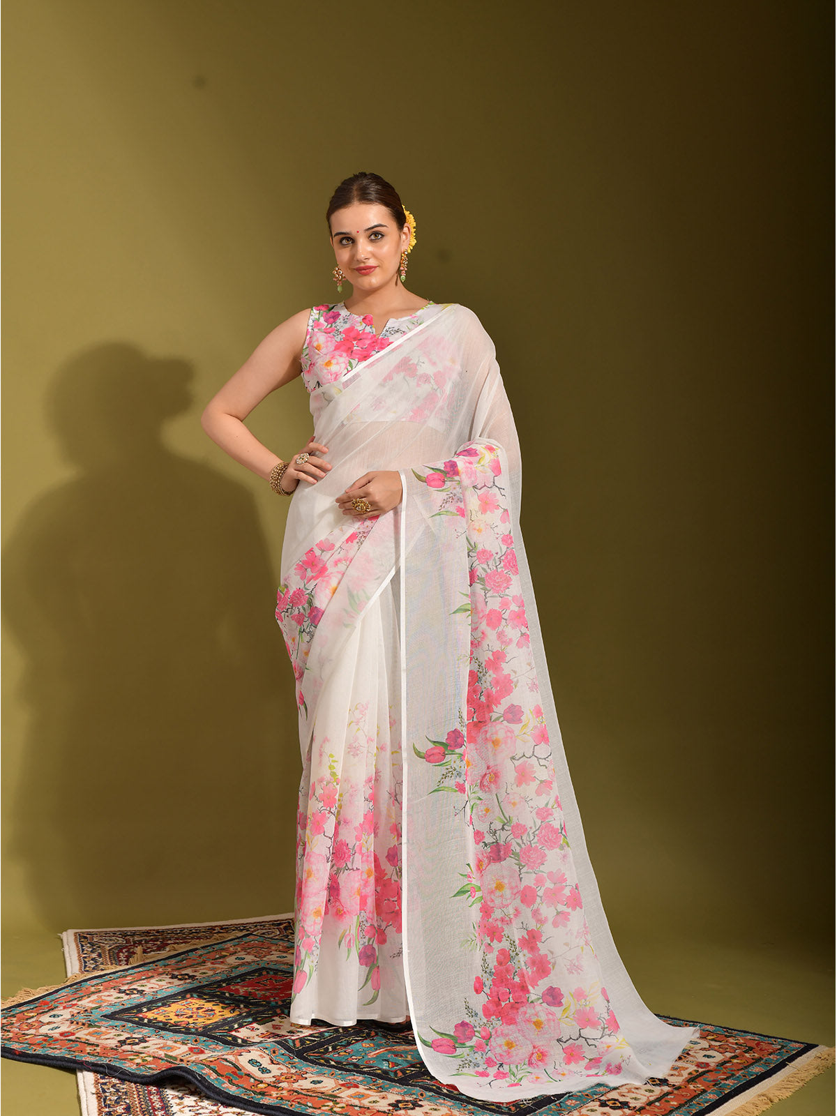 Odette Women White Linen Designer Saree With Unstitched Blouse