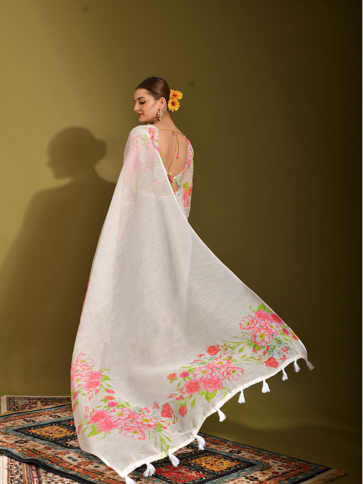 Odette Women White Linen Designer Saree With Unstitched Blouse