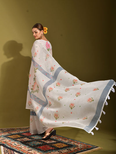 White Linen Designer Saree With Unstitched Blouse